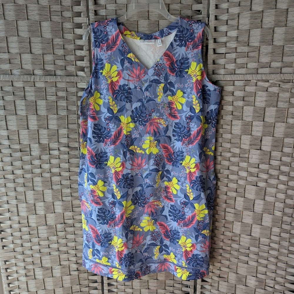 Tropical Floral Blue Pink Yellow Sleeveless V-Neck Shift Dress Lg French Terry